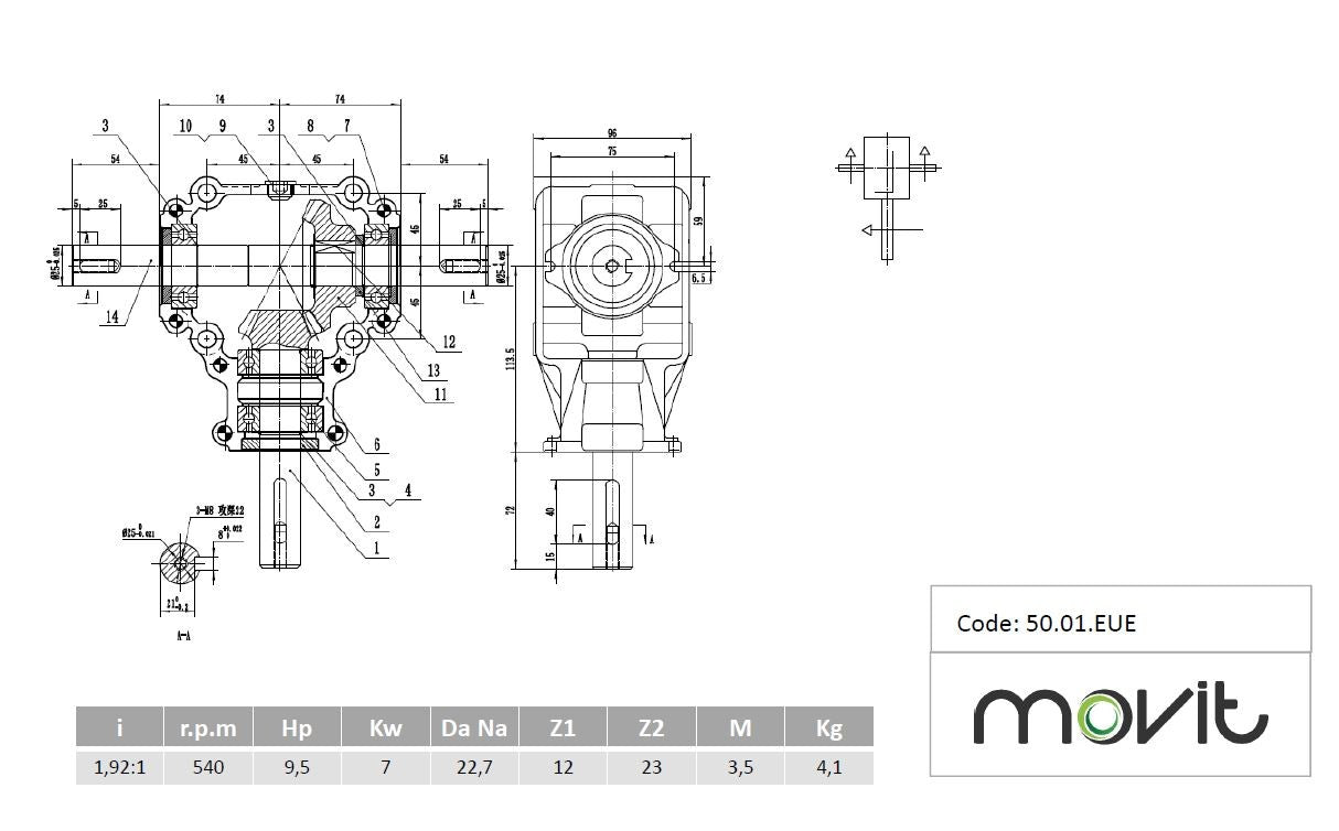 Scatola ingranaggi rapporto 1,9:1 - 9,5 HP