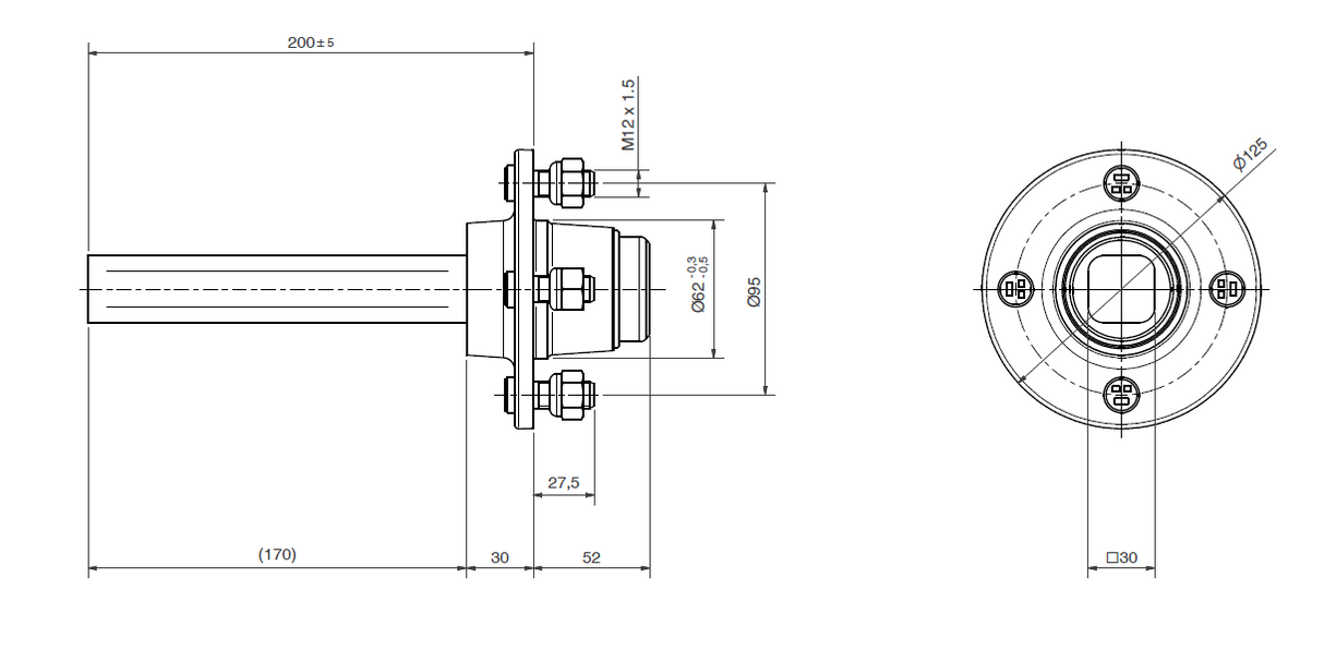 Semiasse quadro 30 mm, 4 fori, attacco balilla