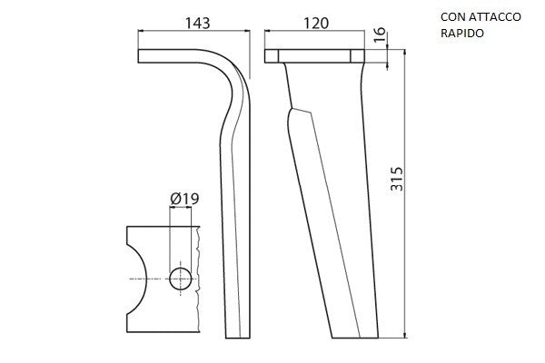 Dente lama khun 120x16/19,25 con attacco rapido - Verso: SX