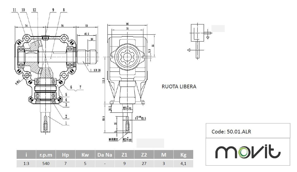 Scatola ingranaggi rapporto 1:3 - 7 HP (a.50.01.alr)