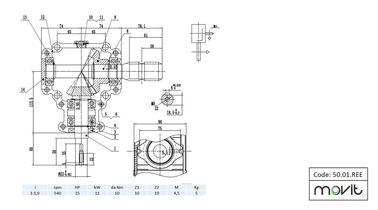 Scatola ingranaggi rapporto 1:1,9 - 15 HP (a.50.01.ree)