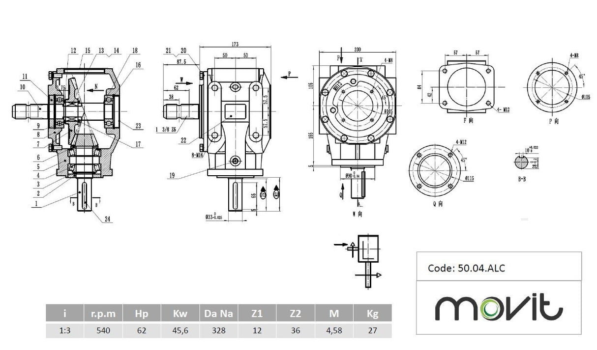 Scatola ingranaggi rapporto 1:3 - 62 HP