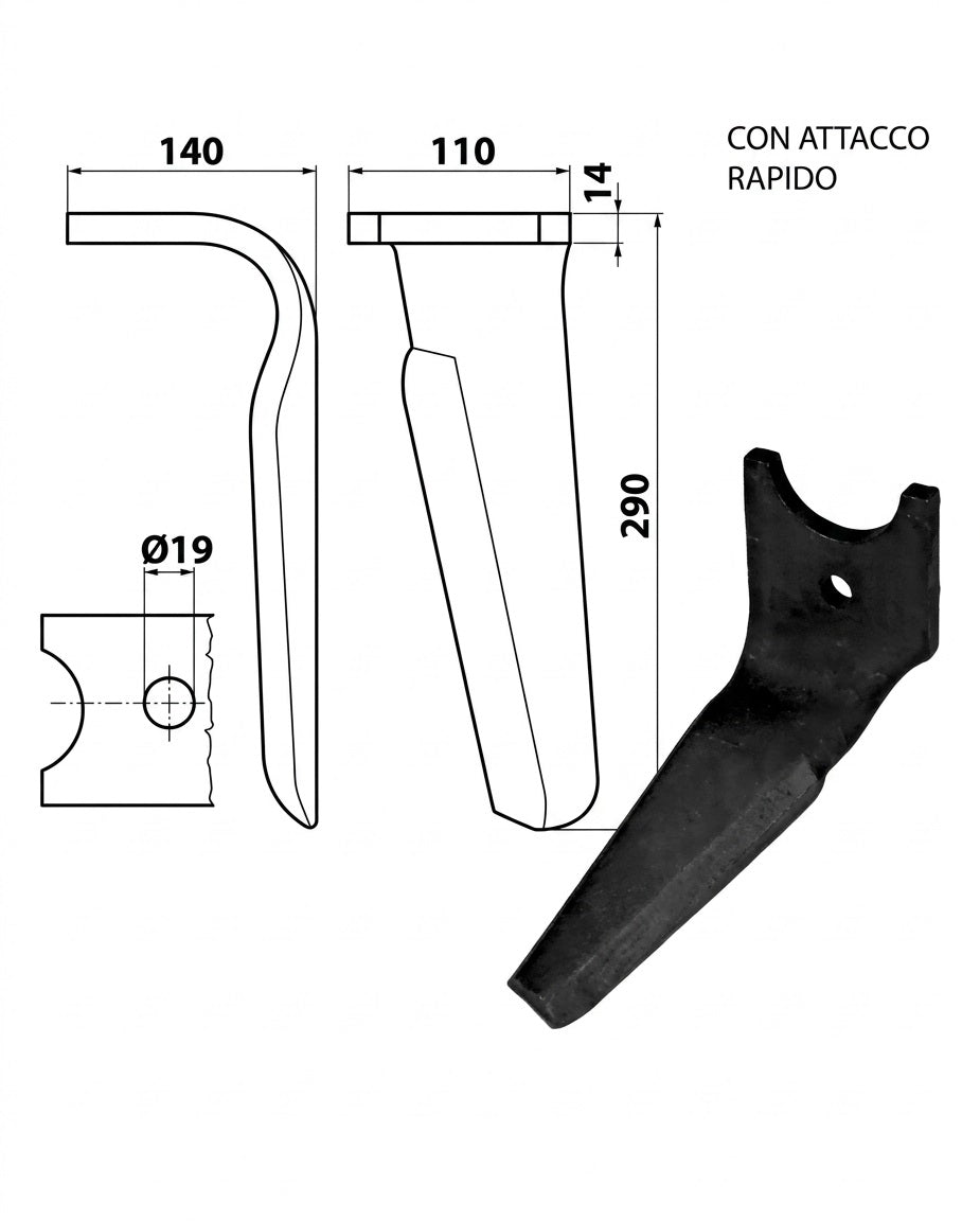 Dente lama khun 110x14/19,25 con attacco rapido - Verso: DX