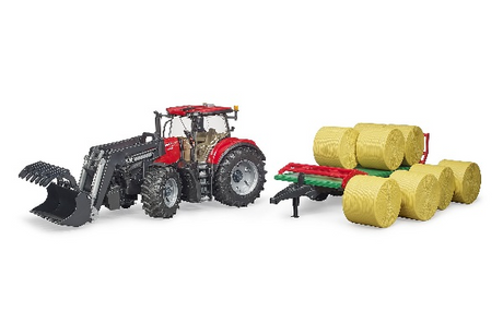 Trattore case ih optum 300 cvx con benna e rimorchio porta balle di fieno Bruder