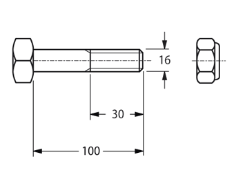 Bullone 16x100 testa esagonale fil.30 mm c/dado autobloccante per mazza