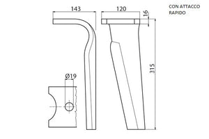 Dente lama khun 120x16/19,25 con attacco rapido - Verso: DX