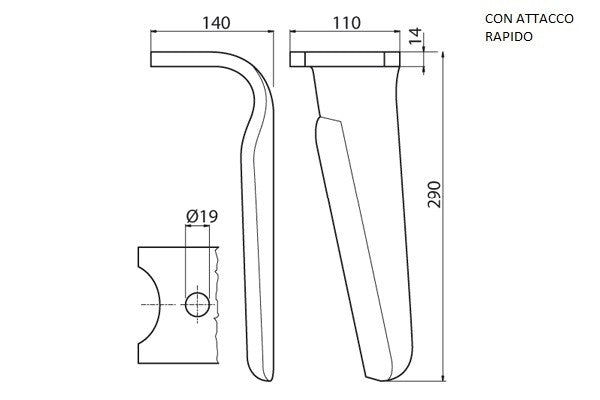 Dente lama khun 110x14/19,25 con attacco rapido - Verso: SX