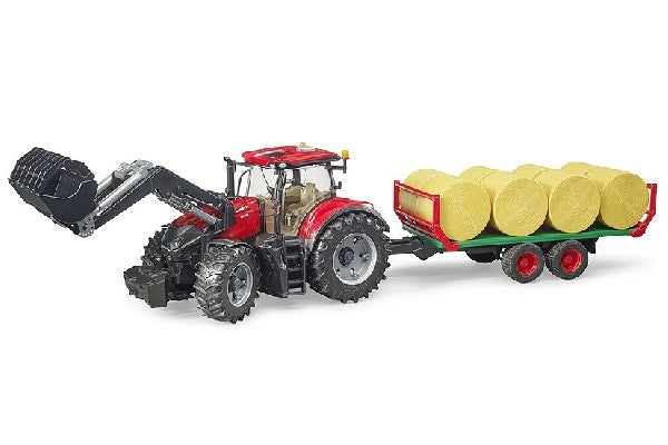Trattore case ih optum 300 cvx con benna e rimorchio porta balle di fieno Bruder