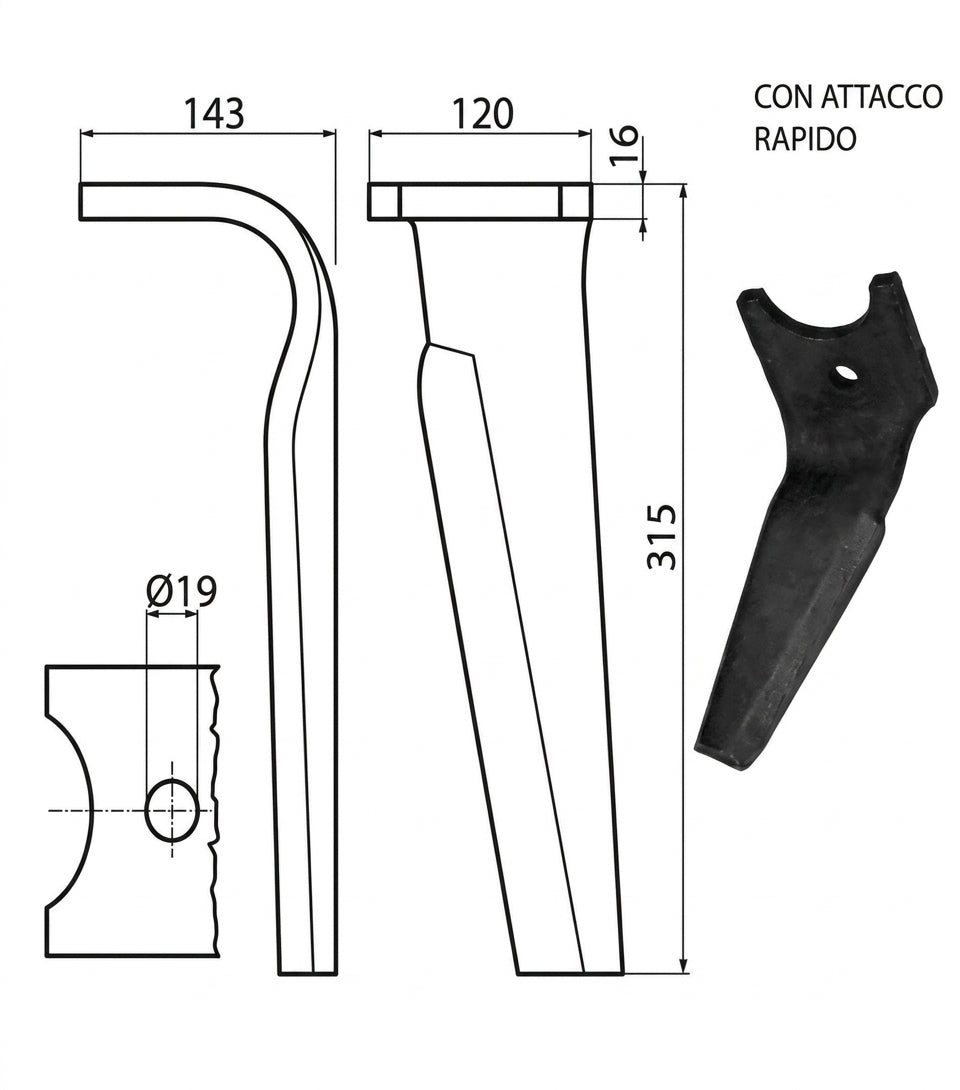 Dente lama khun 120x16/19,25 con attacco rapido - Verso: DX
