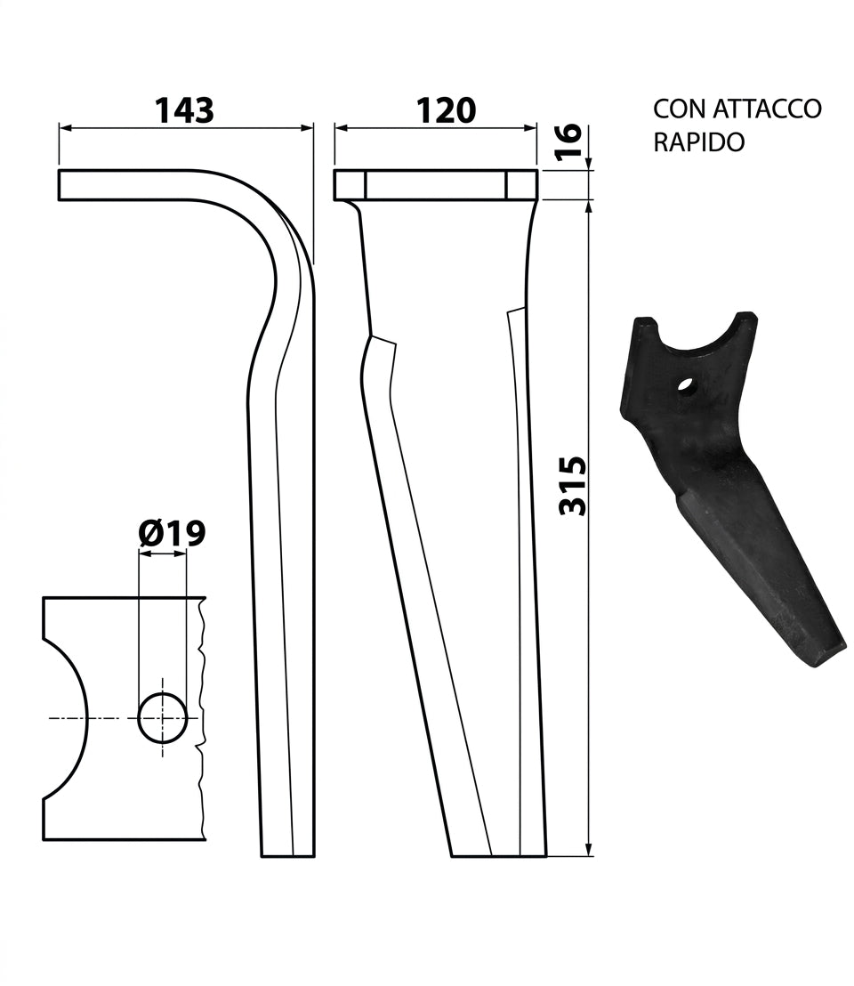 Dente lama khun 120x16/19,25 con attacco rapido - Verso: SX
