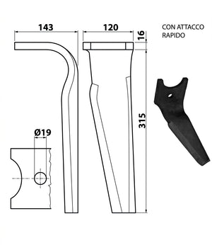 Dente lama khun 120x16/19,25 con attacco rapido - Verso: SX