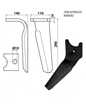 Dente lama khun 110x14/19,25 con attacco rapido - Verso: DX