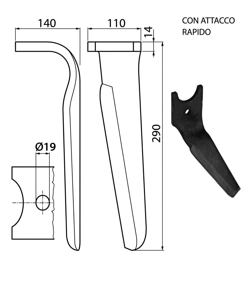 Dente lama khun 110x14/19,25 con attacco rapido - Verso: SX